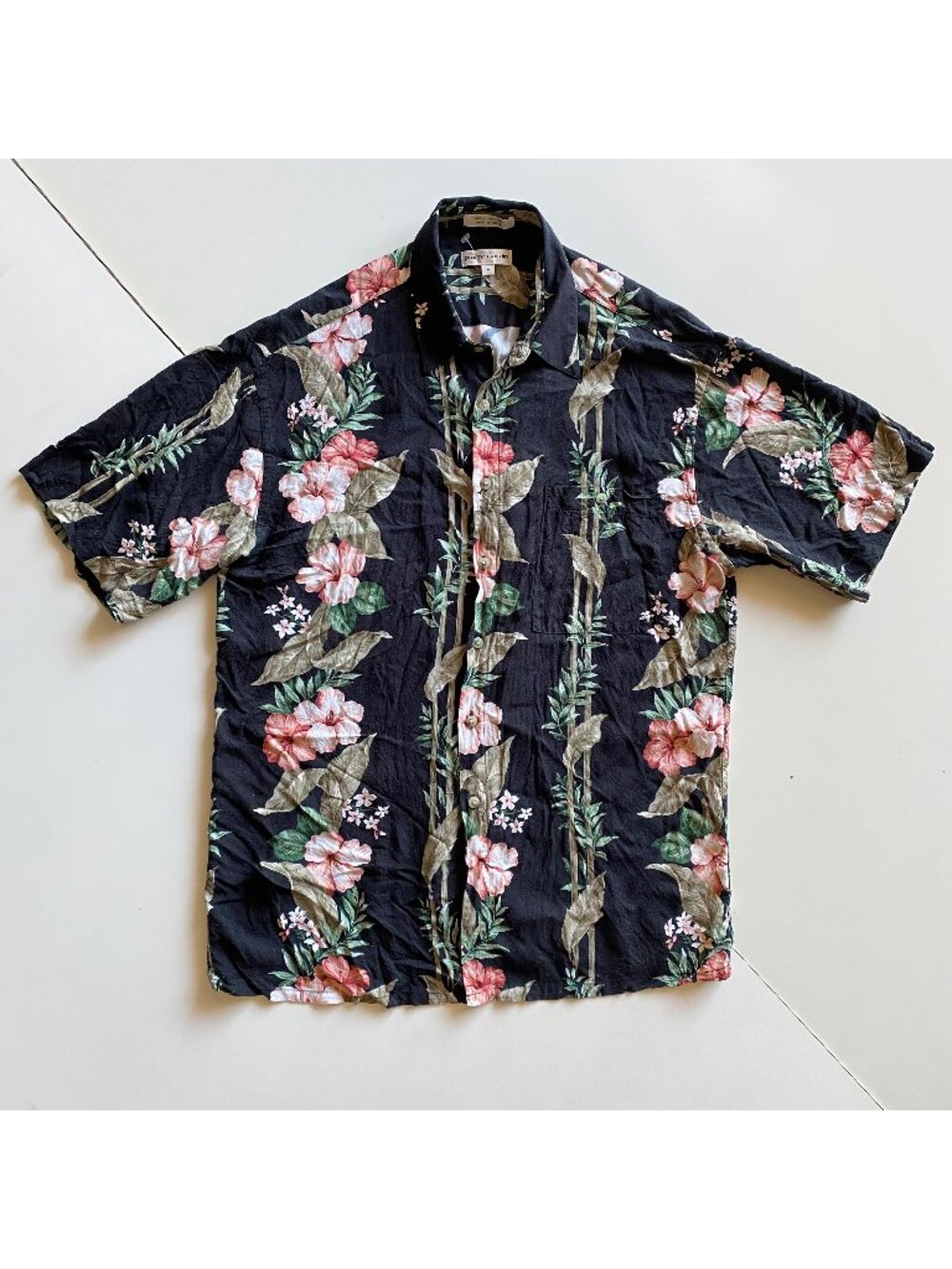 Pierre Cardin Black Hawaiian Shirt Floral Mens Size L Rayon Button Up